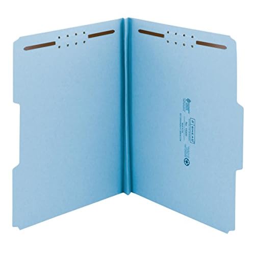 Smead 100% Recycled Pressboard Fastener File Folder, 2 Fasteners, 1/3-Cut Tab, 1" Expansion, Letter Size, Blue, 25 per Box (15000)