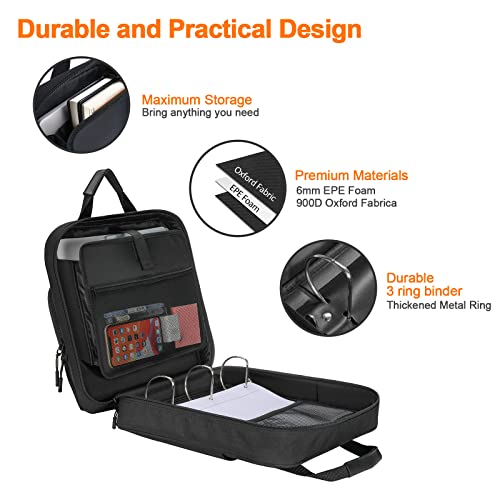 3 Ring Zipper Binder 3 Inch D-Ring, Binder with Zipper Shoulder Strap 700 Sheet Capacity & Multi-Pockets School and Office Organizer, Compatible with 13-Inch MacBook(Patent Design Black)