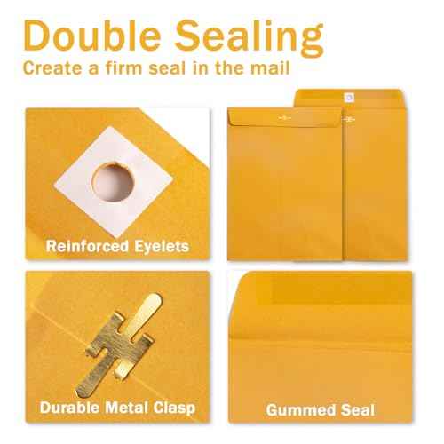 Clasp Envelopes 10x13, 100 Pack Goefun Brown Yellow Manilla Envelopes 10x13-100GSM Heavy Kraft Paper, with Clasp and Gummed Seal for Mailing
