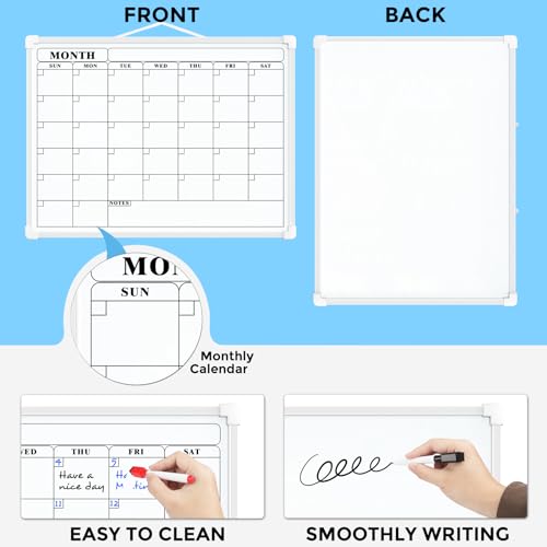 MaxGear Monthly Calendar Dry Erase Board for Wall, 16"x12" Small Hanging Double-Sided White Board, Portable Whiteboard for Planning, Drawing, Memo, to Do List, School, Home, Kitchen, Office