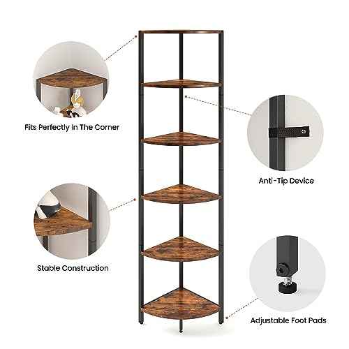 6 Tier Corner Shelf 63.1" Tall Corner Shelves stand Ladder shelf metal Standing Bookshelf Organizer Display Rack Bookcase Plant Stand Industrial style for Living Room Bedroom rustic Brown CS-001RB