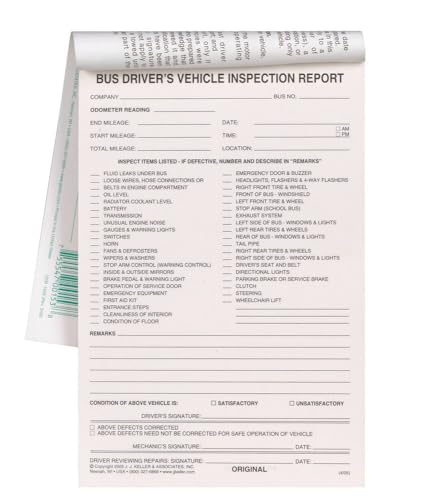 J. J. Keller DVIR Bus Driver Vehicle Inspection Report Set – 5.5 x 8.125, 10-pack