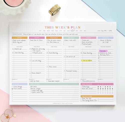 ThreeKin 8.5 x 11 Colorful Weekly Planner Tear-Off Notepad - Premium 52 Sheets, Undated, For Work, School & Projects, USA Owned
