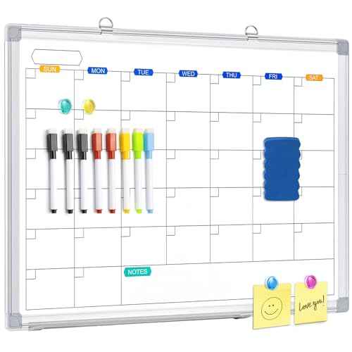 Dry Erase Calendar Whiteboard for Wall, 24" x 18" Magnetic Monthly White Board Calendar Dry Erase, Wall Hanging Aluminum Frame with Tray for Home, School, Office