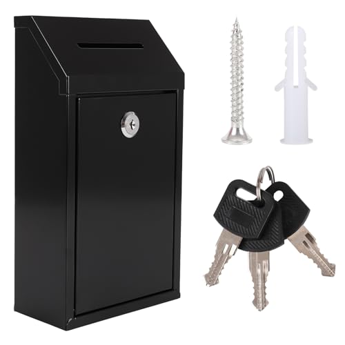 Black Metal Donation Box with Lock and Key Drop Slot for Home Office