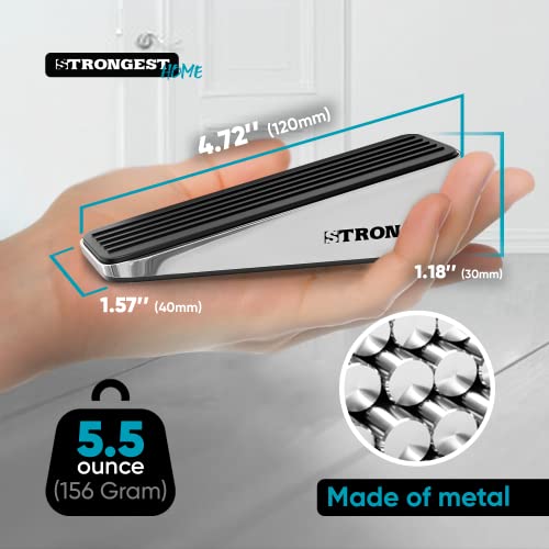 Strongest Home Heavy Duty Door Stopper Wedge (4 Chrome PCs) | Non-Slip Rubber and Metal Door Stop for Heavy Doors| Work on Wood, Tile, Carpet + 4 White Wall Protectors