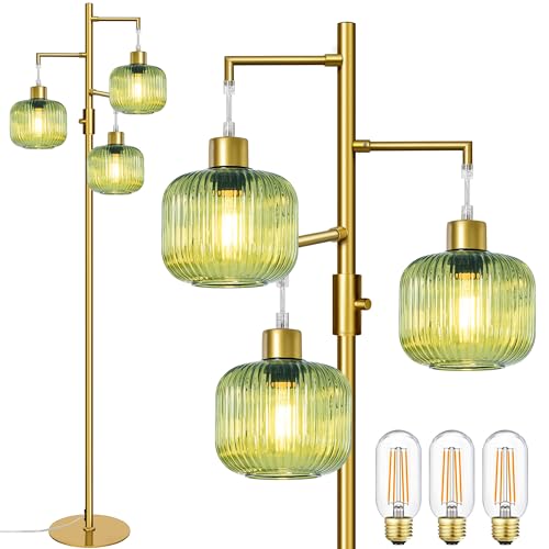 Gold Floor Lamp for Living Room, Dimmable Tree Standing Lamp with Green Glass Shape, Modern Tall Lamps for Bedroom, 3¡¿600LM LED Bulbs Included