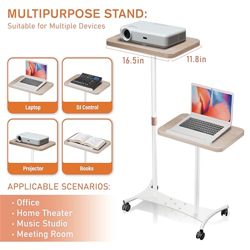 2 Shelves Projector Stand, Mobile Laptop Cart on Wheels Projector Stand Adjustable Height 20 to 53 Inches, Overbed Table with 5 Lockable Casters, Rolling Laptop Floor Stand for Couch (White)