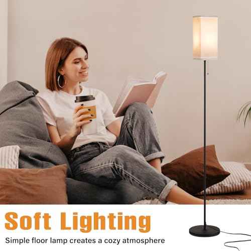 Floor Lamps for Living Room, Modern Standing Lamp with Pull Chain Switch, 3 Color Temperature Black Pole Lamp with Lampshade, 9W LED Bulb Tall Lamps for Bedroom Office Kid Room