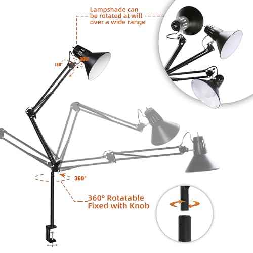 Desk Lamp for Home Office Eye-Caring Metal Extra Tall Swing Arm High Intensity Clamp Flexible Gooseneck w/A19 E26 LED Bulb Side Table Working Reading Architect Computer Workbench Puzzle Warm Light