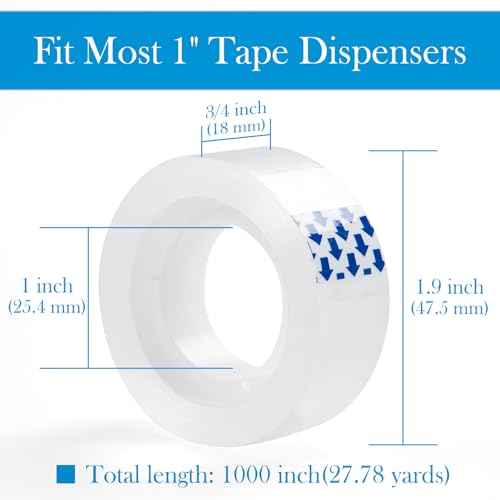 6 Rolls Clear Tape, Transparent Tape Refills for Dispenser, 1 Inch Core, 3/4 x 1000 Inches, Strong Adhesive for Gift Wrapping, Office, School, Home, Desk Supplies & Crafts