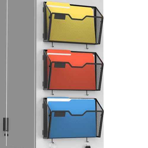 Docnest 3 Pack Magnetic Wall Mounted File Holders,Mesh Letter Organizer with Hooks, Magnetic Hanging Mail Paper Document Organizer for Office, Home, School, Black