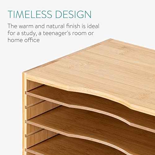 Navaris Bamboo Desk File Organizer - Paper Tray Letter Storage with 4 Adjustable Shelves - Desktop Inbox Trays - 13" Wide x 9.6" Deep x 10.2" High