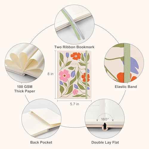 And Per Se 2026 Planner with Pattern-Daily, Weekly & 15-Monthly Leather Hardcover Planner, 5.7" x 8", Daily Schedule, Monthly Tabs, 100 GSM Thick Paper, Back Pocket(Botanical Floral)