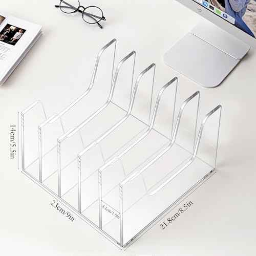 Clear Acrylic Magazine File Holder Workspace 5 Section Bookshelf Upright Book Paper Magazine Notebooks Envelopes Mail Sorter Holder Organizers for Desk Home Office Classroom