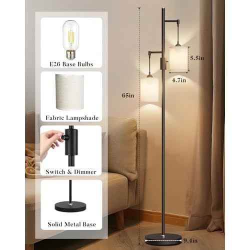 Lightdot 65IN Dimmable Floor Lamp for Living Room, Industrial 2-Light Tree Floor Lamps with LED E26 Bulbs Included, 3000K Mid Century Floor Lamp with Fabric Lampshades for Bedroom HOM Office-Black