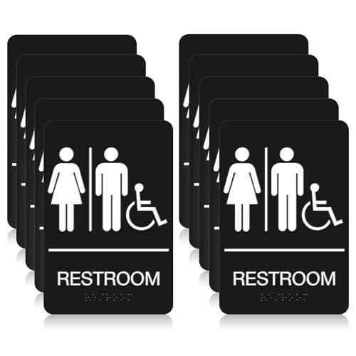 Restroom Sign - ADA Compliant Braille Handicap Restroom Signs for Business with Double Sided 3M Tape - ABS Plastic Unisex Restroom Sign 9¡± x 6¡±- Pack of 10 for Offices and Restaurants