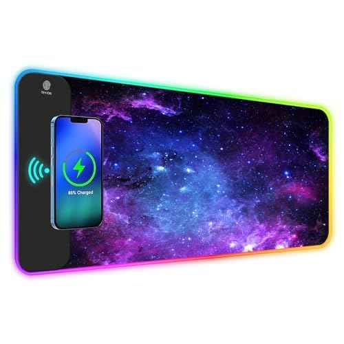 ToLuLu RGB Gaming Wireless Charging Mouse Pad, 7.5/10/15W 10 Light Modes LED Mouse Pad Computer Keyboard Mat Mousepad, 800x300x4MM Extended Large Desk Mat for MacBook, Laptop, PC, Purple Galaxy Space