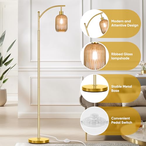 Glass Floor Lamp for Living Room, Modern Gold Standing Lamp with Ribbed Glass Lampshade Pedal Switch, 67¡± Tall Lamp for Bedroom Study Room