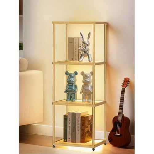 MANBUR Display Shelf with Dimmable LED Floor Lamp, Display Cabinet with Glass Bookcase, Home Decor, Bedroom Decor, Bookshelf with Light, Open Book Shelf with 4-Tier Shelf for Living Room Decor Gold