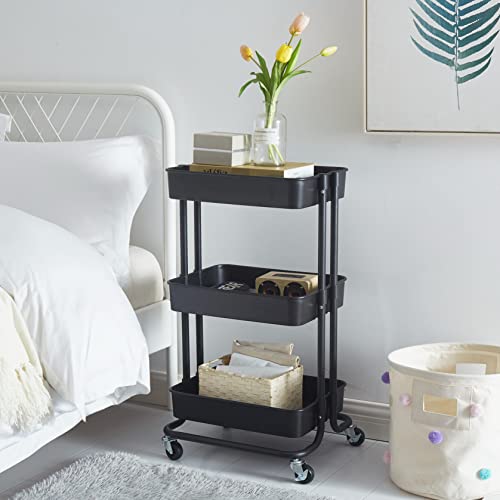 Urban Lifestyle Plastic 3 Tier Rolling Storage Cart, Black