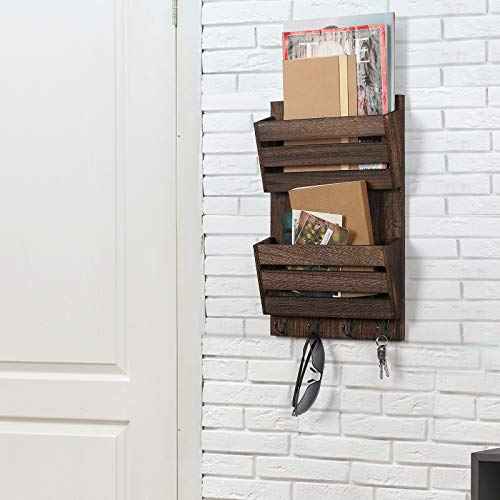 Mail Holder for Wall, Wooden Mail Sorter with 4 Key Hooks, 2 Slot Wall Mounted Mail Sorter Letter Bills Newspaper Magazine Organizer for Entryroom Hallway Office Garage, Rustic Brown