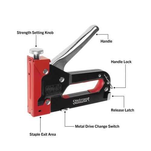 Heavy Duty Staple Gun for Wood Carpentry, DIY Crafts, or Furniture Upholstery Stapler with Staples - 3-Way Heavy Duty Stapler Gun with Carrying Case and 3 Types of Staples Included by Stalwart (Red)