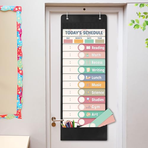 Pasimy Daily Schedule Pocket Chart - Colorful Rainbow Classroom Organizer with 14 Pockets
