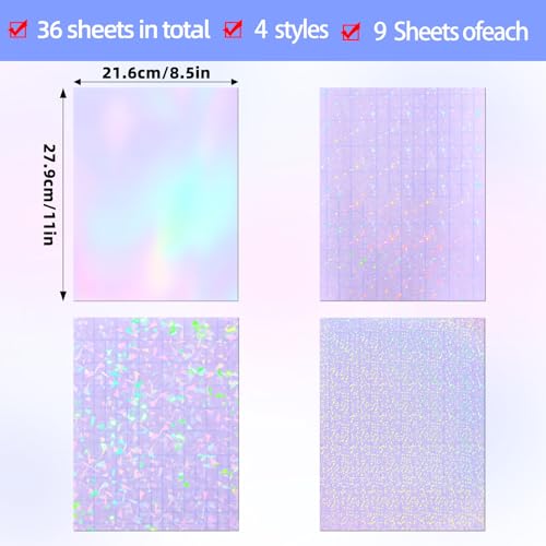 36 Sheets Holographic Sticker Paper - Clear Self-Adhesive Vinyl with Gem, Dot, Star, Colorful Patterns
