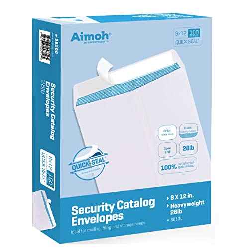Aimoh 100 9 x 12 SELF Seal Security White Catalog Envelopes - 28lb - Security Tinted, Ultra Strong Quick-Seal, 9x12 inch (38100)