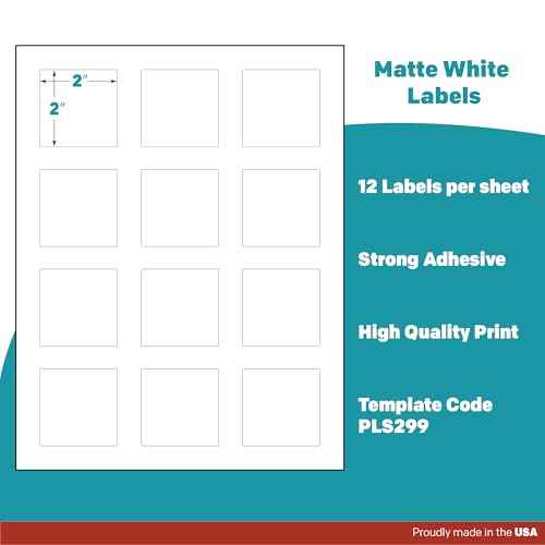 Premium Label Supply White Sticker Square Labels with Bleed ? 2" x 2" ? Laser/Inkjet Compatible ? (12 per Sheet), 25 Sheets ? 300 Total Adhesive Labels