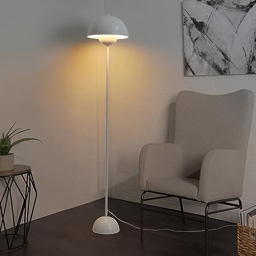 Modern Industrial Corner Floor Lamp for Bedroom, Living Room & Office - 63'' Tall Standing Metal Arched Shade White Lamp
