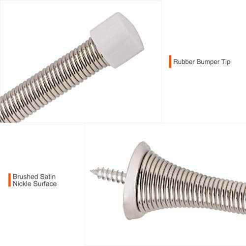 2 Pack Spring Door Stopper Brushed Satin Nickel- 3-1/4" Flexible Spring Door Stops with White Rubber Bumper Tips