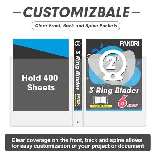 3 Ring Binder 2 Inch, PANDRI 6 Pack 2-Inch Binder Fits Letter Size 8.5'' x 11'' Paper, Versatile Binders for Office Home School, 2 Pockets, White