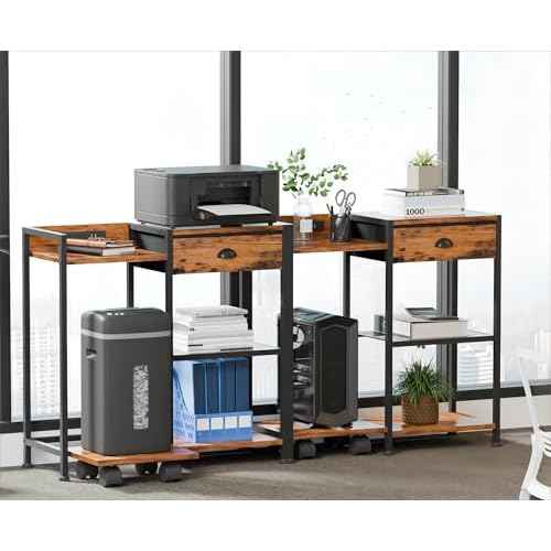 Furologee Printer Stand with Storage Drawer,Printer Table with Charging Station and USB Port,Industrial 3 Tier Shelf, Shredder Stand with Wheels,for Home Office,Rustic Brown