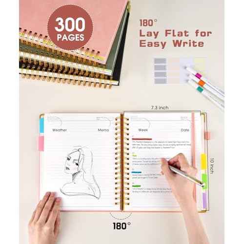 Hardcover Spiral Notebook Journal with Removable Dividers Tabs, 300 Pages Leather 5 Subject Notebook College Ruled, 8"x10" Large B5 Notebooks for Work School Note taking, Lined Journal for Women, Pink