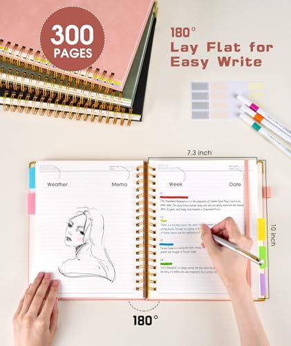 Pink Leather Hardcover Spiral Notebook 8x10 with Removable Dividers - 300 Pages