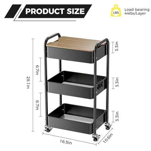 3 Tier Rolling Cart with Table top, Metal Utility Cart, Sturdy Storage Organizer Cart with Locking Wheels & Hooks for Office, Classroom, Kitchen and Bathroom