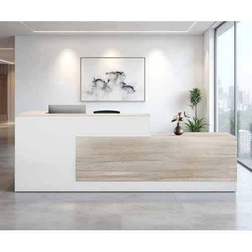 Modern L-Shaped Reception Desk with Storage - 79" Front Desk Reception Counter with Lockable Drawer, Storage Cabinets, Keyboard Tray & Modesty Panel for Office, Lobby, Salon, Retail Checkout, Left