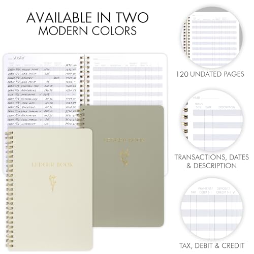 ZICOTO Sage Green Accounting Ledger Book - Undated Expense Tracker for Small Business