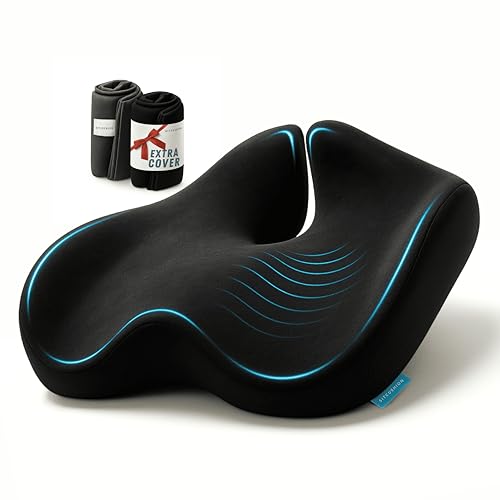 Pressure Relief Seat Cushion for Tailbone Pain - X Large Office Chair Cushion for Back Pain, Coccyx & Sciatica Pain Relief Pillow. Memory Foam Seat Cushions for Office Chairs. Extra Cover (Black)