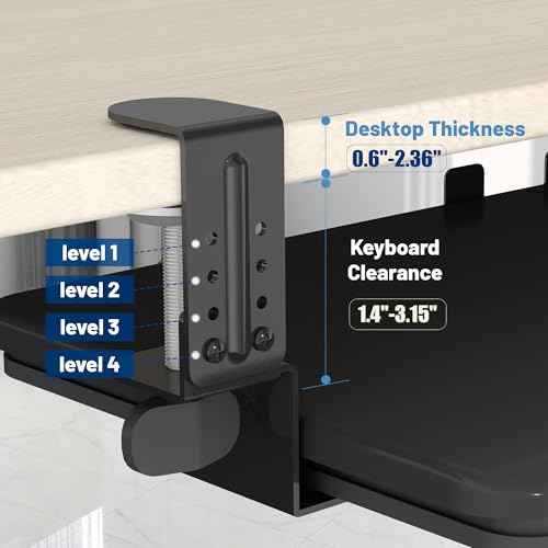 Keyboard Tray Under Desk Slide, 25.6"(30¡± Including Clamps) x 11.8" Height Adjustable Slide-Out Keyboard Drawer with C Clamp, Ergonomic Pull Out Platform Computer Drawer for Typing, Black