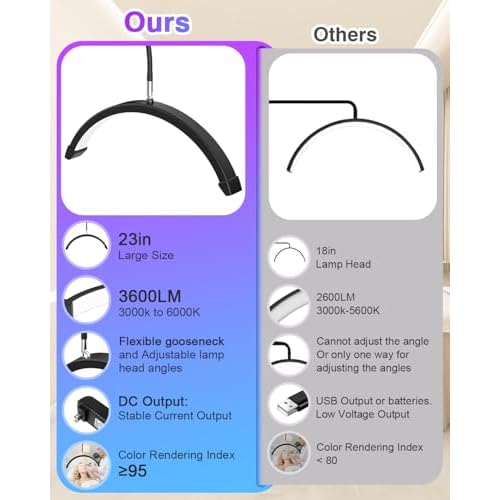 Half Moon Light, Lash Light for Eyelash Tech, LED Floor Lamp for Eyelash Extensions, Nail Art, Tattoo Art and Skincare, Adjustable Color Modes and Flexible Gooseneck, with Tray - Black