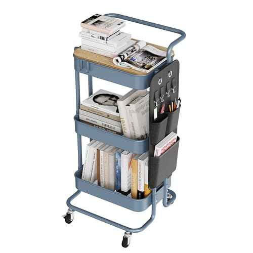 DTK 3 Tier Metal Utility Rolling Cart with Table Top and Side Bags, Metal Tray Storage Organizer Cart with Wheels, Art Craft Cart with 4 Hooks for Kitchen Bathroom Office Living Room (Blue)