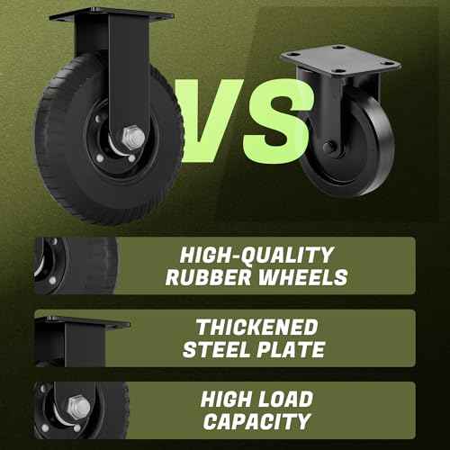 Fixed 8inch Caster Wheel Set of 2, 1100lb Heavy Duty Caster Wheels with Solid Rubber, Plate Casters with Double Ball Bearing and Knobby Tread Suitable for Workbench, Dolly, Cart & Chicken Coop