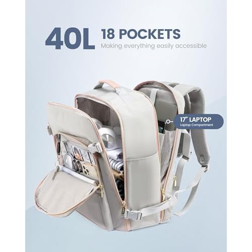 LOVEVOOK Travel Backpack for Women & Men 40L,Airline Approved Carry On Backpack Travel Essentials,TSA Carry on Luggage,Waterproof Personal Item Travel Bag,Suitcase with 3 Packing Cubes,Light gray-Pink