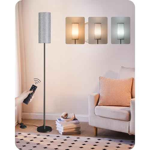 Dimmable Gray Floor Lamp for Living Room with Remote and Foot Switch, Corner Floor Lamp for Bedroom, Modern Standing Tall Lamp, 10W 900LM Bulb Included, 3000K-6500K, Linen Shade, FCC Listed H06LD05W1