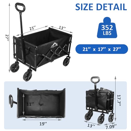 Collapsible Wagon Folding Utility Cart, Beach Wagon 352LBS Heavy-Duty with Adjustable Handles, 5" Quiet Swivel Wheels, Lightweight (11lbs) for Groceries, Camping, Moving, Black
