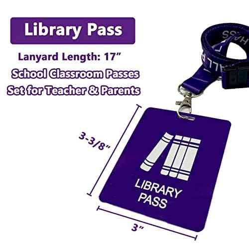 Hall Pass Lanyards with Card Passes,Unbreakable School Classroom Passes Set for Teacher Parents (Hall Bathroom Library Office & Nurse),5 Pcs (Library)