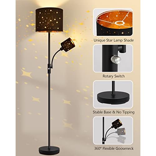 Floor Lamp Black, Reading Standing Lamps for Living Room, 62" Tall Torchiere Lamp for Kids Room, 3-Way Switch, Star-Gold Lampshade, Modern Goth Decor for Bedroom/Office, Bulbs Not Included(E26 Base)